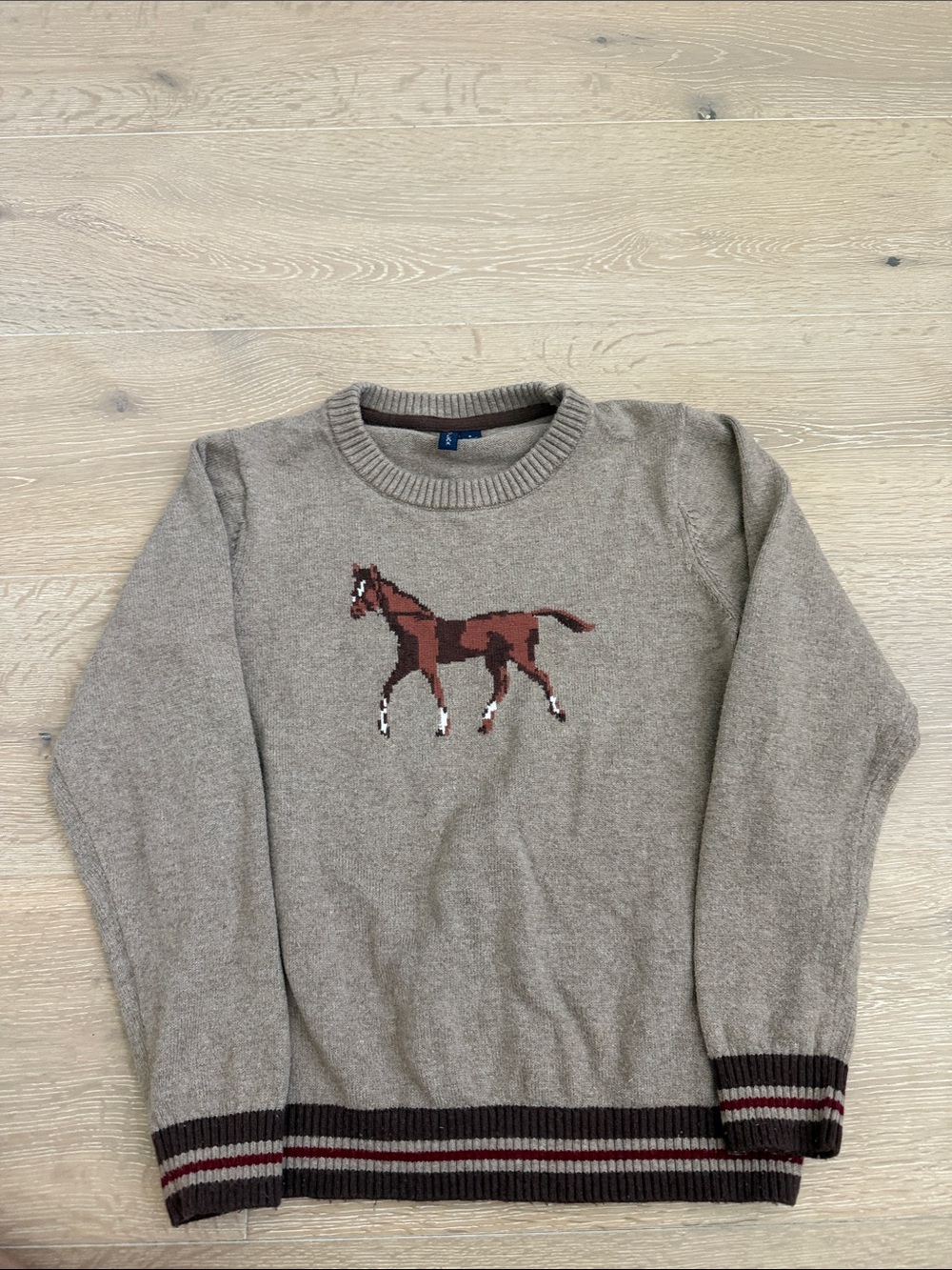 Janie and Jack Taupe Crewneck Sweater with Brown Horse Intarsia